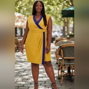 Kasper Plus Size Colorblocked Faux-Wrap Dress.  Royalgold 1X